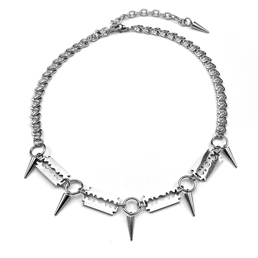 Punk Razor Blade Spike Choker Necklace For Men Stainless Steel Curb Chain Gothic Rock Spiked Collar Streetwear Rapper Jewelry