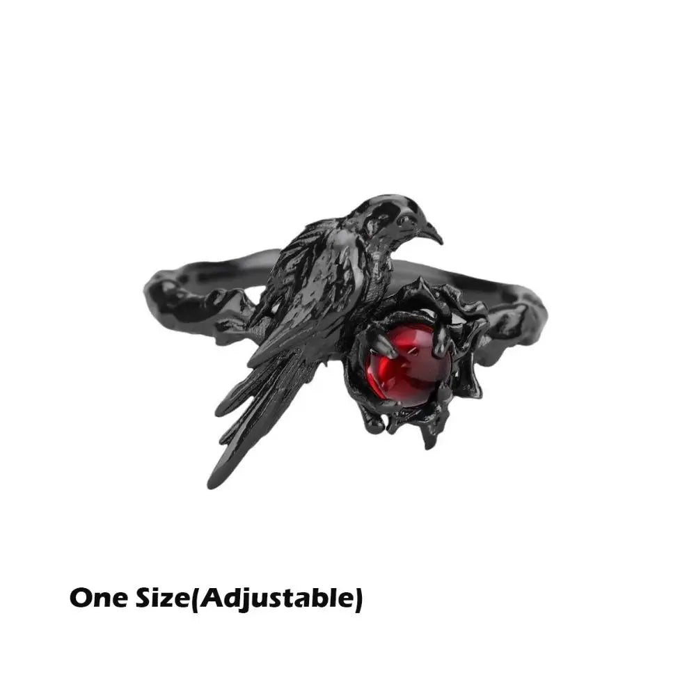 Black Raven Ring Red Zircon Adjustable