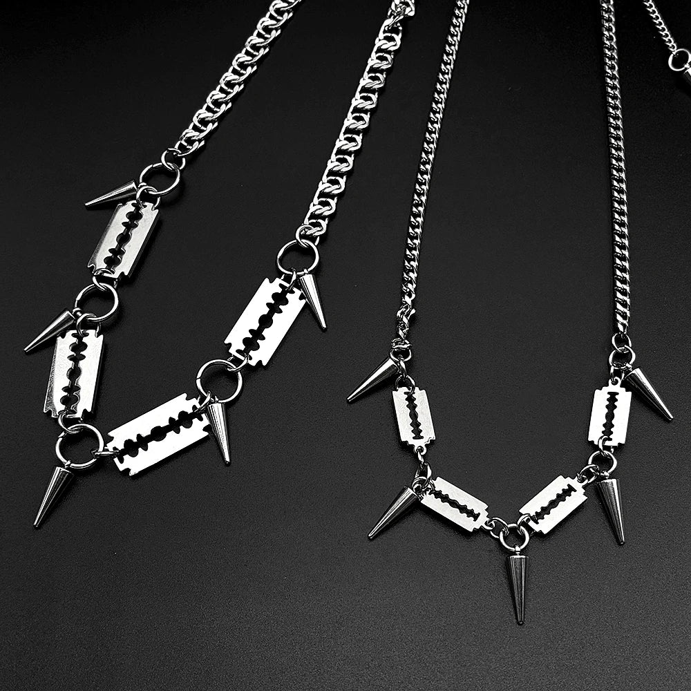 Punk Razor Blade Spike Choker Necklace For Men Stainless Steel Curb Chain Gothic Rock Spiked Collar Streetwear Rapper Jewelry