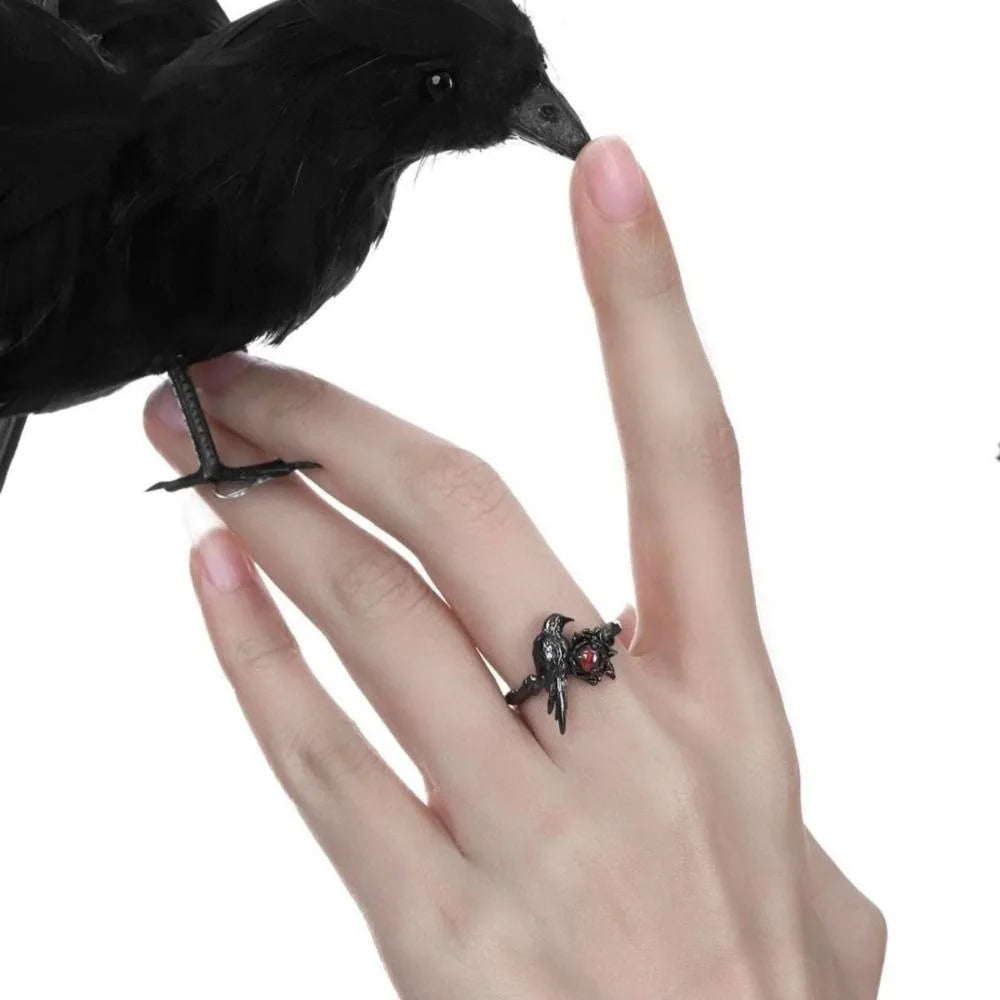 Black Raven Ring Red Zircon Adjustable