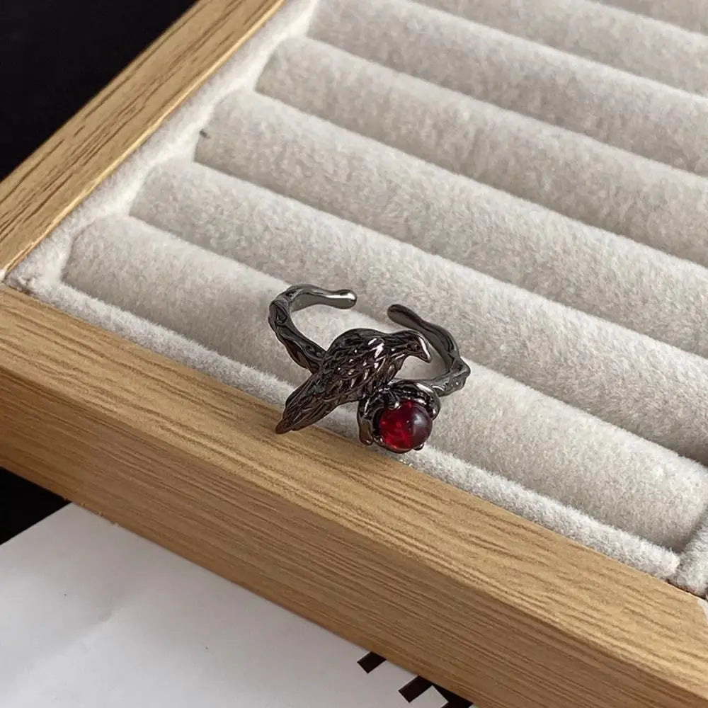 Black Raven Ring Red Zircon Adjustable