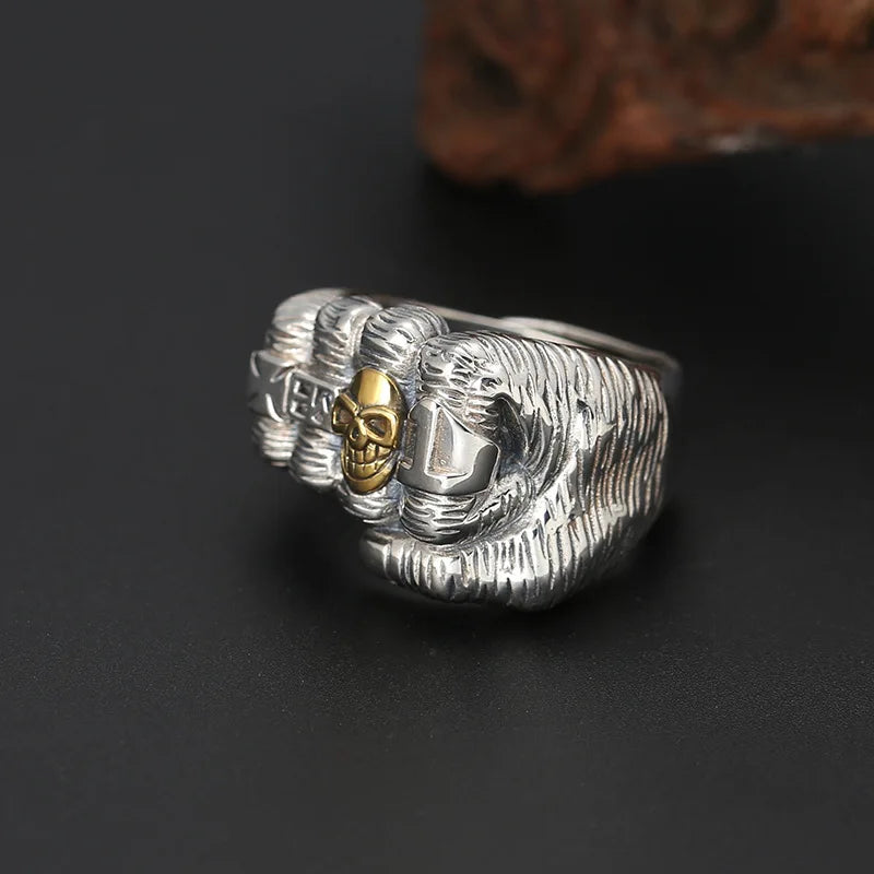 Retro Golden Skull Fist Ring For Men Punk Gothic Rock Hiphop Open Ring Handmade Unisex Jewelry Bikers Accessories Lovers Gift