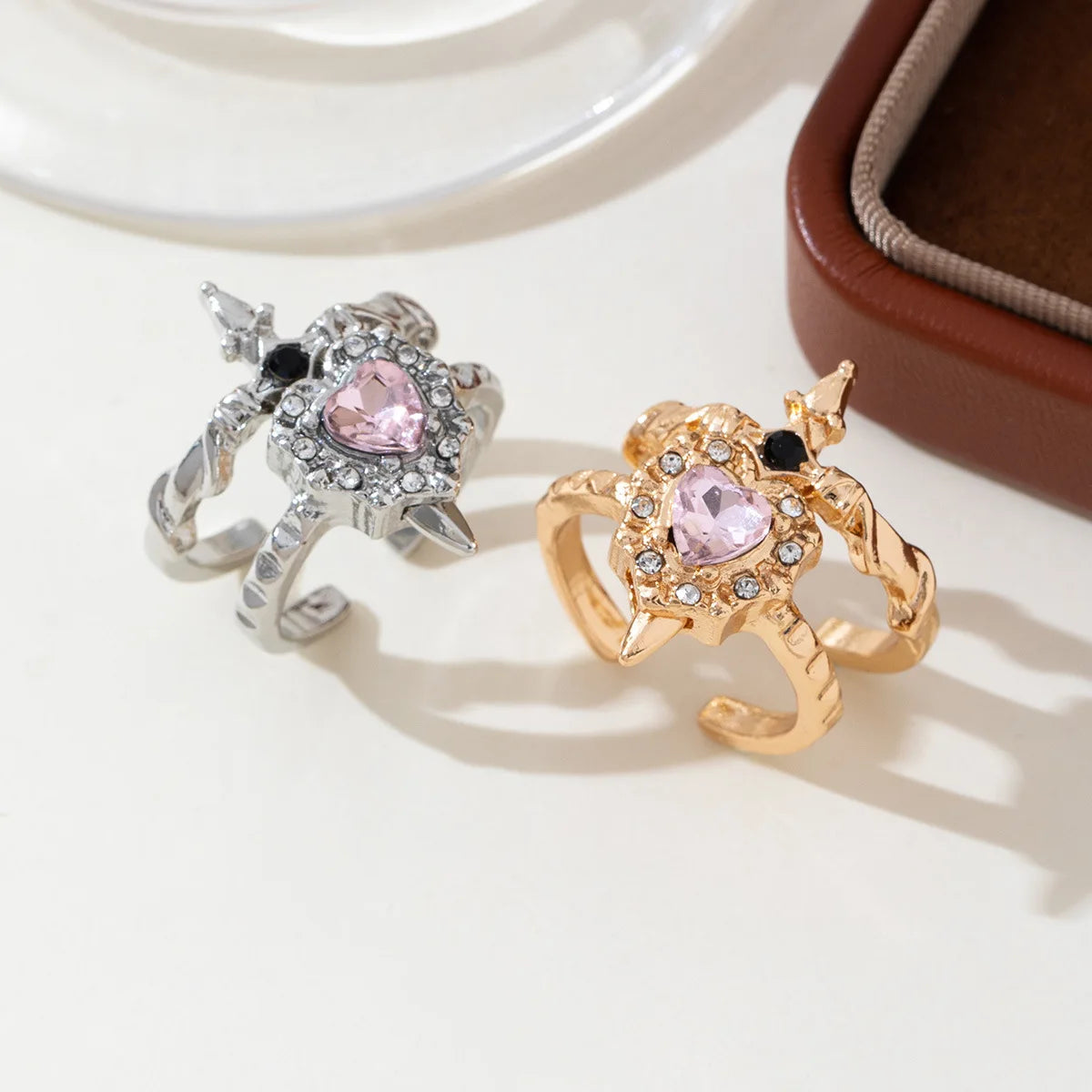 LATS 2pcs Can Be Assembled Heart and Sword Rings for Women Men Couple Silver Gold Color Adjustable Open Ring Fashion Jewelry