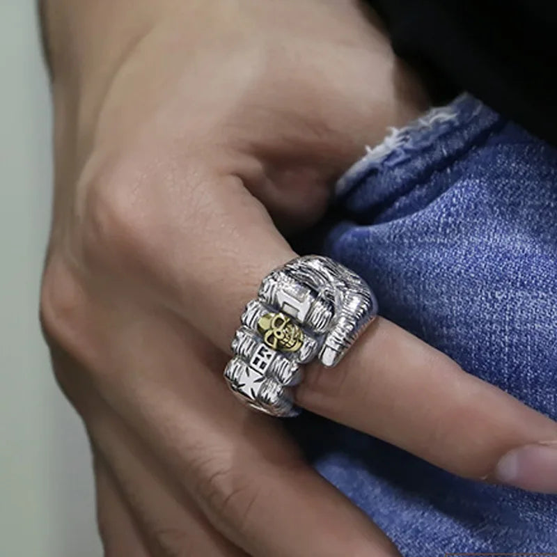Retro Golden Skull Fist Ring For Men Punk Gothic Rock Hiphop Open Ring Handmade Unisex Jewelry Bikers Accessories Lovers Gift