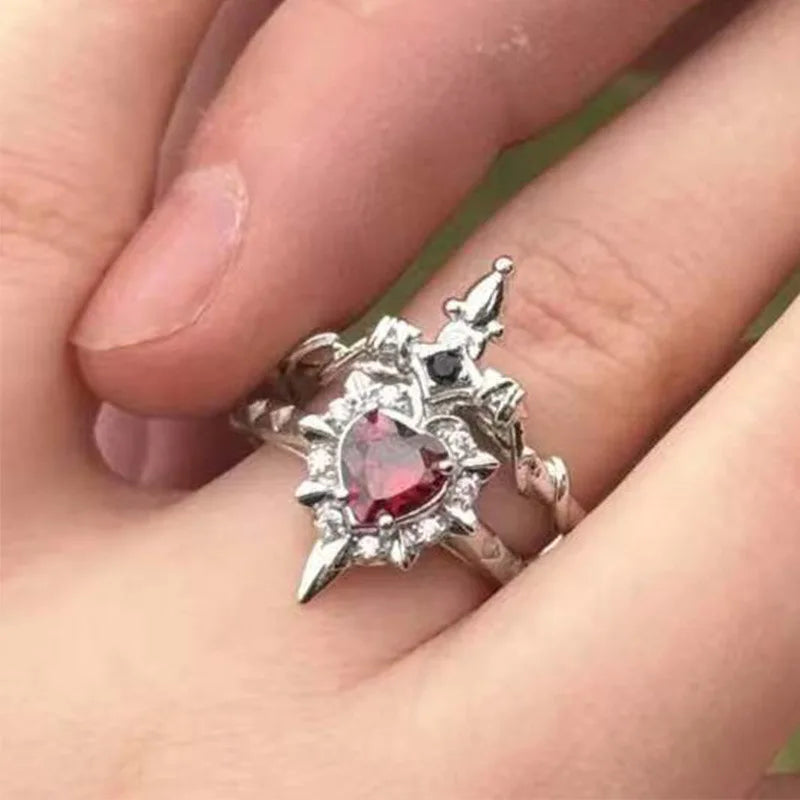LATS 2pcs Can Be Assembled Heart and Sword Rings for Women Men Couple Silver Gold Color Adjustable Open Ring Fashion Jewelry