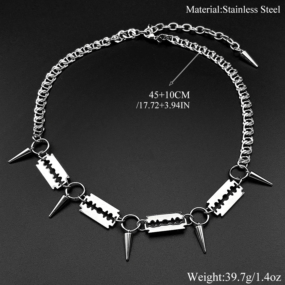 Punk Razor Blade Spike Choker Necklace For Men Stainless Steel Curb Chain Gothic Rock Spiked Collar Streetwear Rapper Jewelry