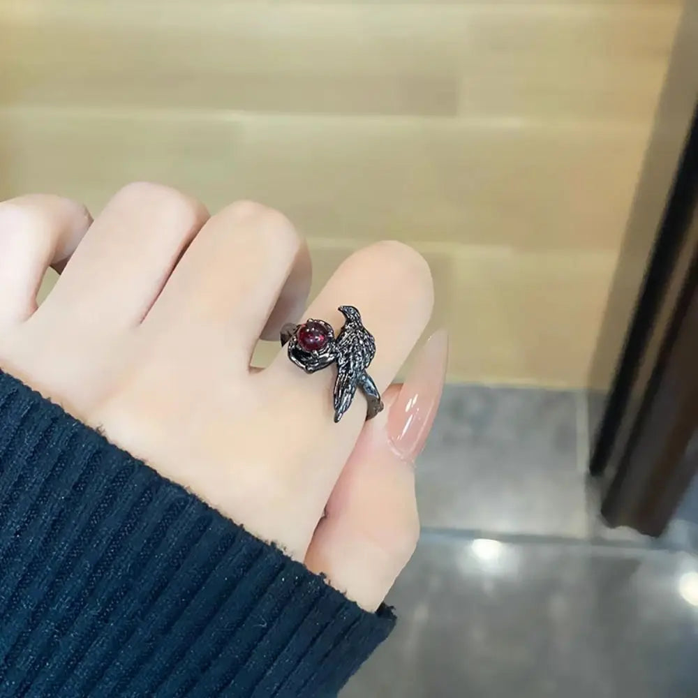 Black Raven Ring Red Zircon Adjustable