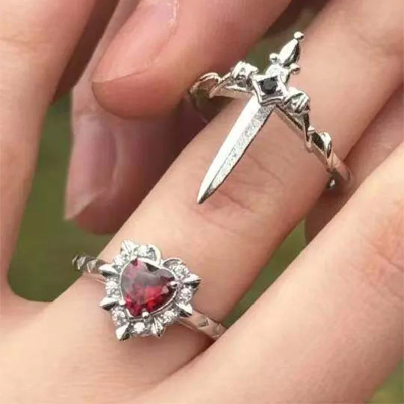 LATS 2pcs Can Be Assembled Heart and Sword Rings for Women Men Couple Silver Gold Color Adjustable Open Ring Fashion Jewelry