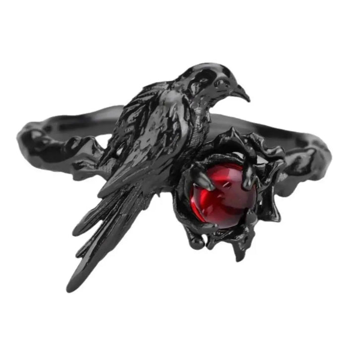 Black Raven Ring Red Zircon Adjustable