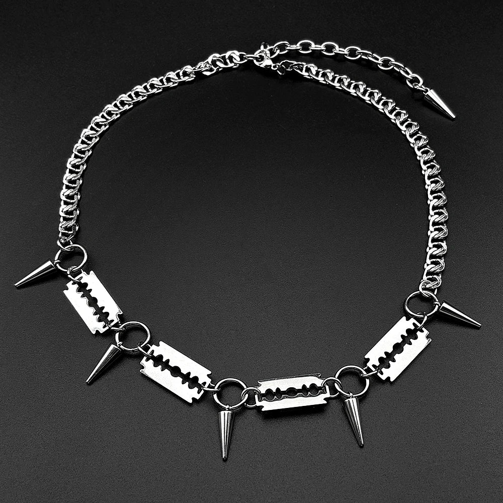 Punk Razor Blade Spike Choker Necklace For Men Stainless Steel Curb Chain Gothic Rock Spiked Collar Streetwear Rapper Jewelry