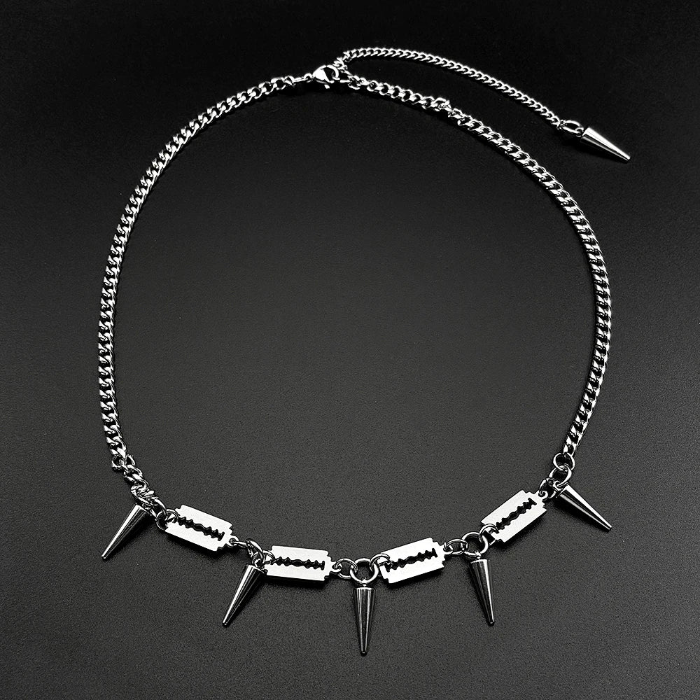 Punk Razor Blade Spike Choker Necklace For Men Stainless Steel Curb Chain Gothic Rock Spiked Collar Streetwear Rapper Jewelry