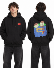 Adventure Time black hoodie on model front and back