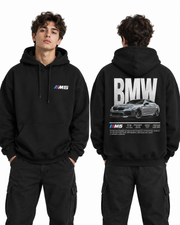 Black BMW M5 hoodie on model front and back