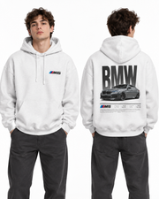 White BMW M5 hoodie on model front and back