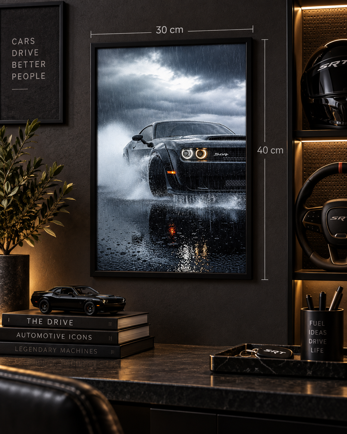 Dodge Challenger SRT Rain Frame black wall frame, 30×40 cm