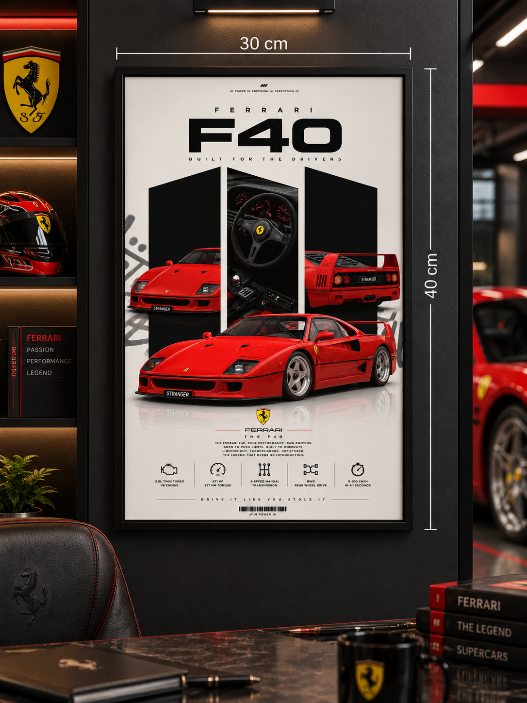 Ferrari F40 Frame black wall frame, 30×40 cm