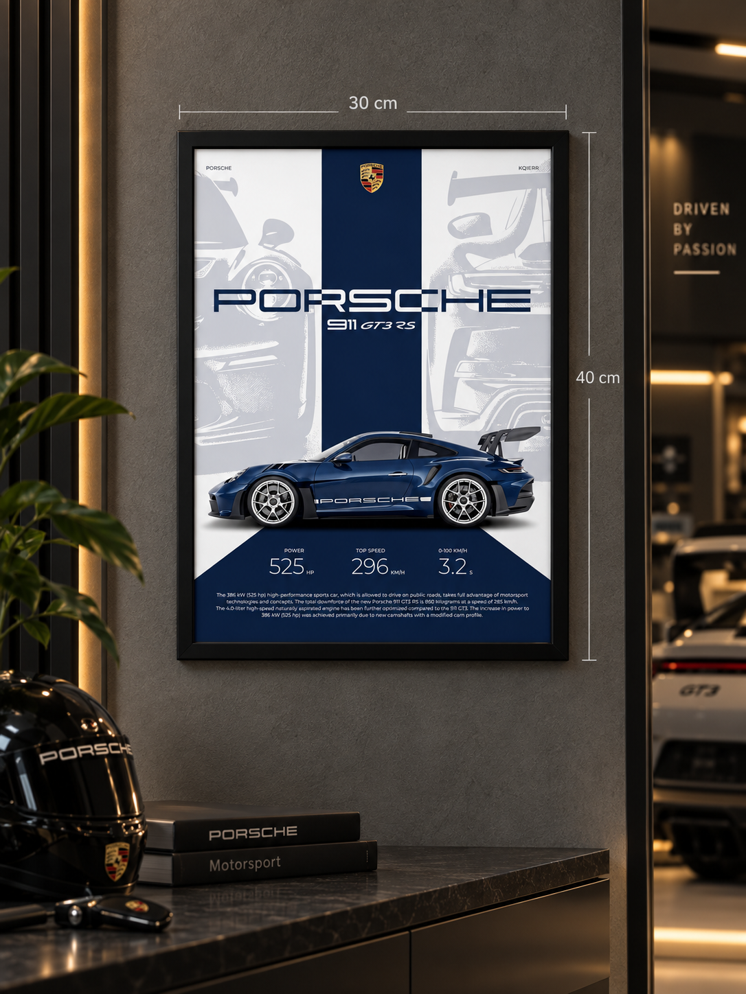 Porsche 911 GT3 RS Blue Frame black wall frame, 30×40 cm