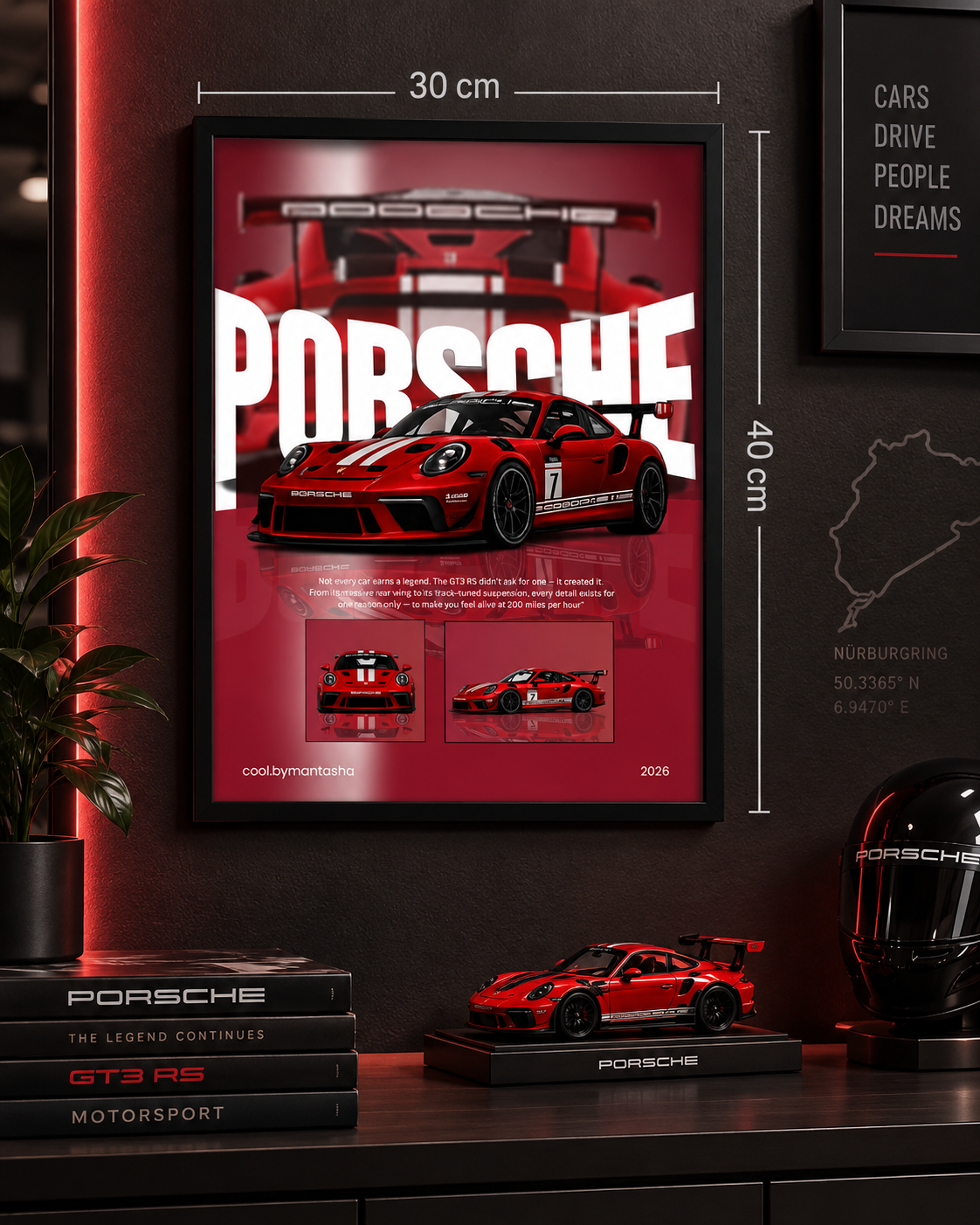 Porsche 911 GT3 RS Red Frame black wall frame, 30×40 cm