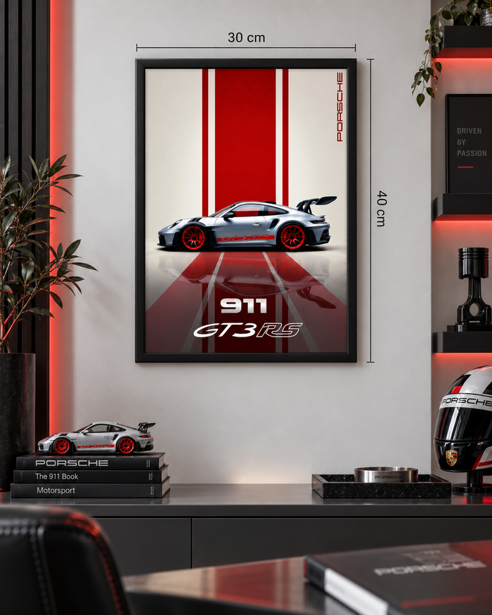 Porsche 911 GT3 RS Silver Frame – 30×40 cm