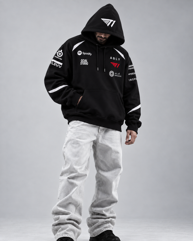 T1 Faker black hoodie worn front