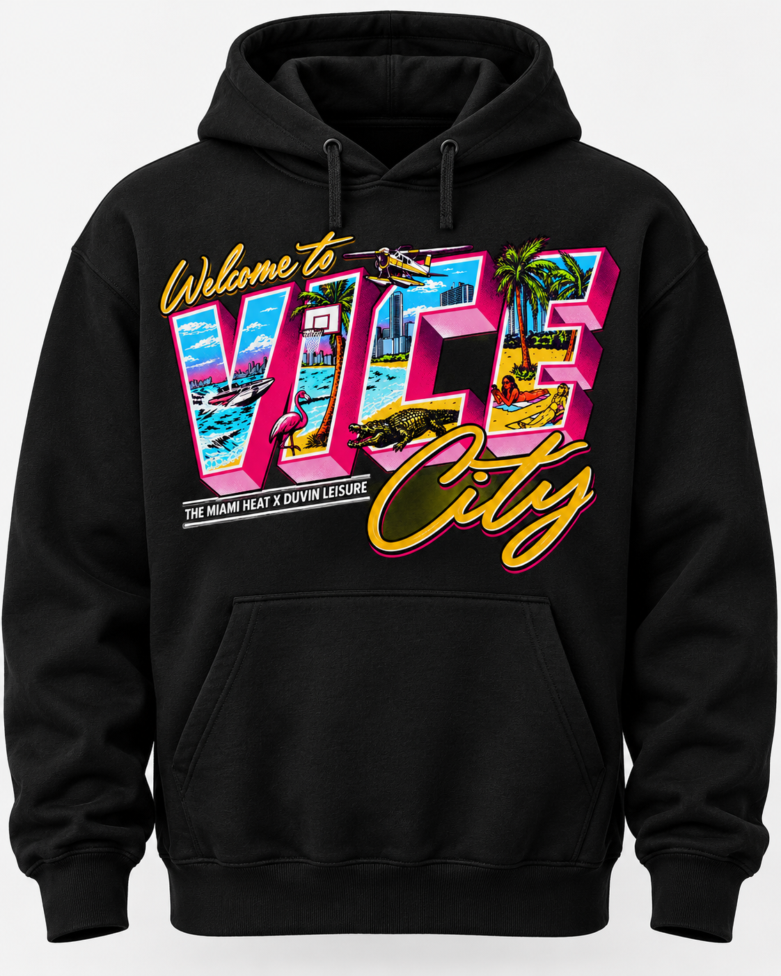 Vice City graphic print on black pullover hoodie, front view